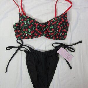 wild fable 2 Piece Bikini Black with Red Cherries Black Bottoms Size Small NWT